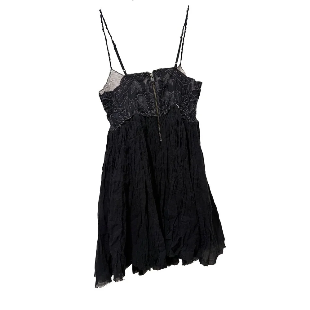 Free People Black Embroidered Beaded Gauze Mini Dress Boho Braided‎ Straps XS